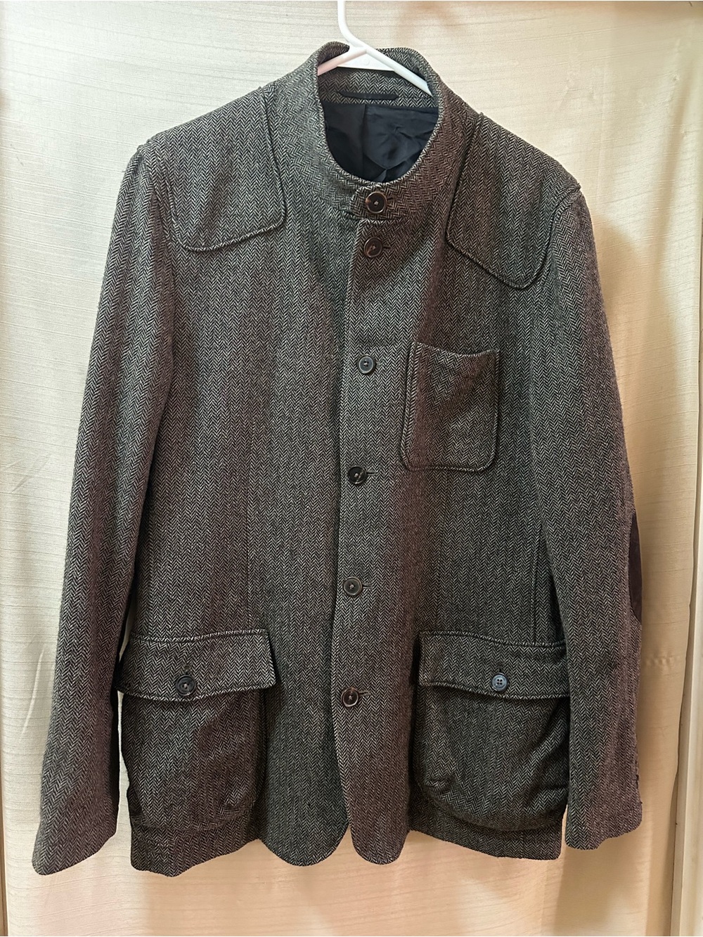 Massimo Dutti Extra Fine Wool Herringbone Military Field Jacket Elbow Patches